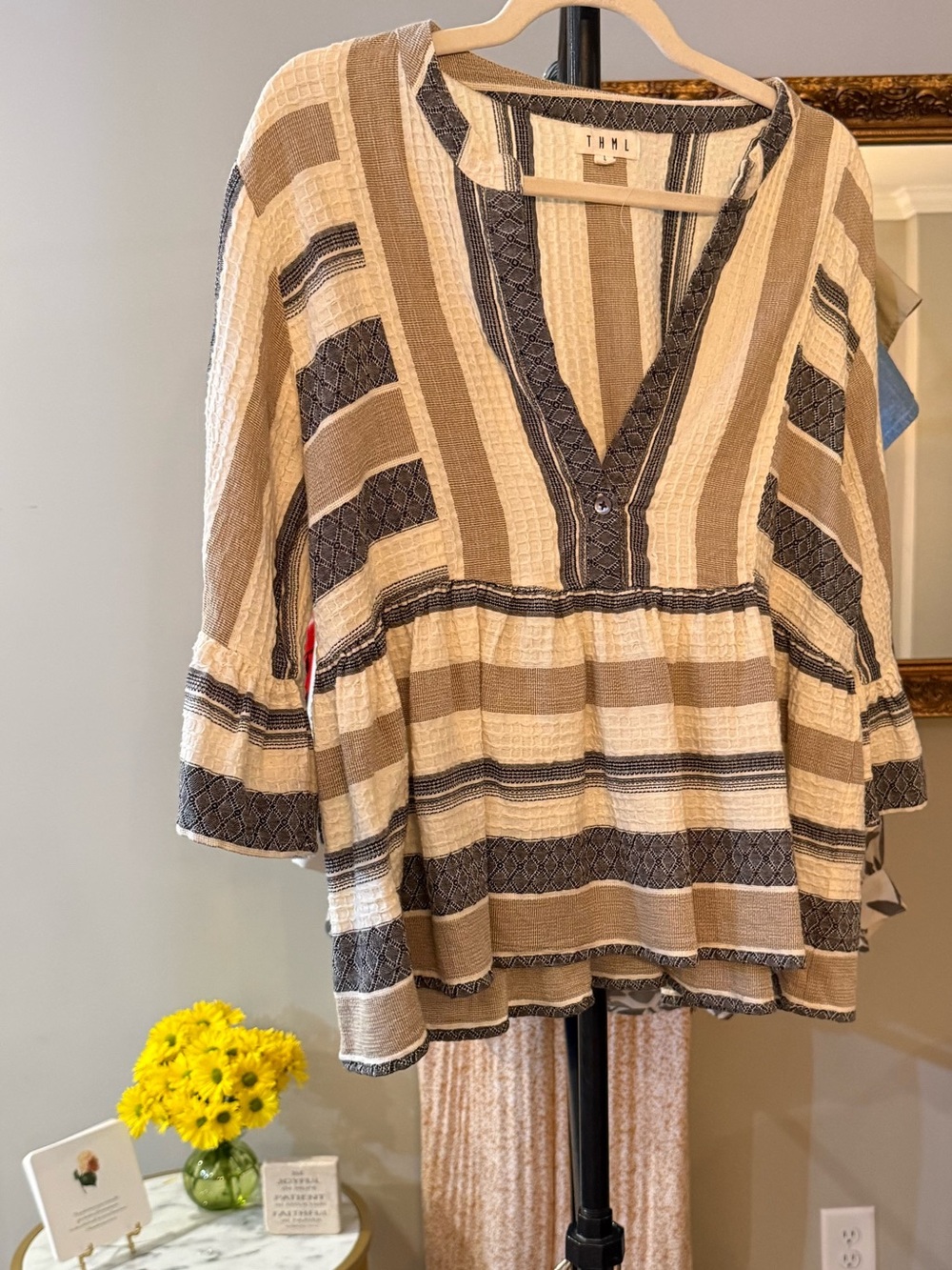 THML Cream, Black and Tan Striped Peasant Tunic